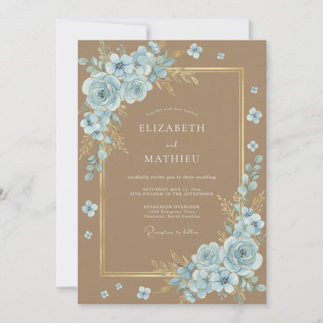 Invitation Mariage Pétale Azur Tan Forêt (Devant)