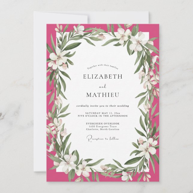 Invitation Mariage Pétale Blanche Magenta (Devant)