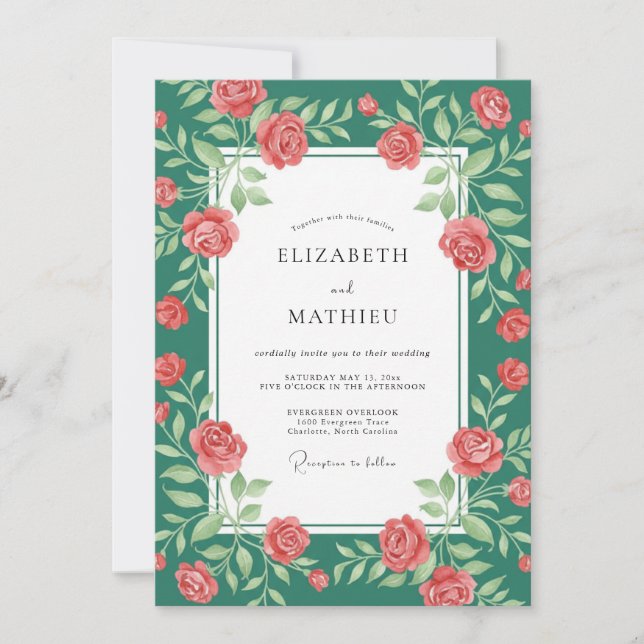 Invitation Mariage Pétale Bourgogne Rich Teal (Devant)