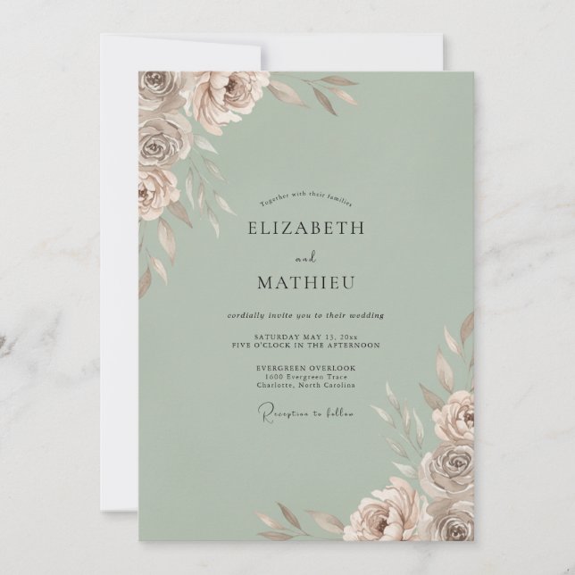 Invitation Mariage Pétale Champagne Céladon (Devant)