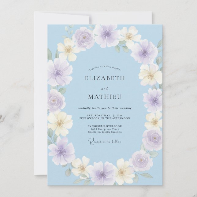 Invitation Mariage Pétale Crème Chaud Pervenche (Devant)