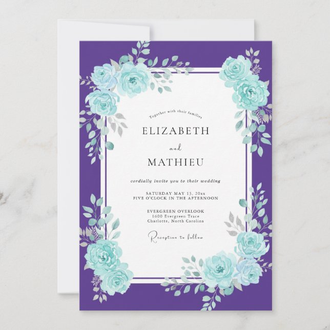 Invitation Mariage pétale cyan violet (Devant)