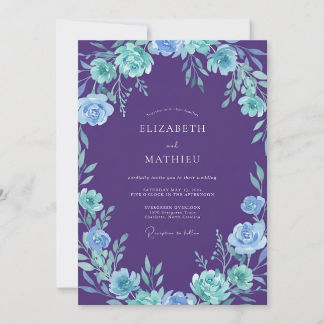 Invitation Mariage Pétale Cyan Violet Botanique (Devant)
