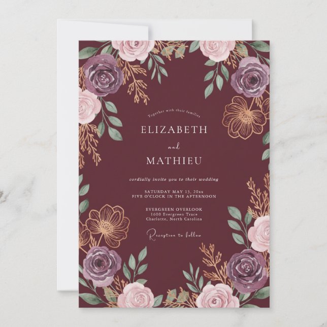 Invitation Mariage Pétale d'Améthyste Vin (Devant)