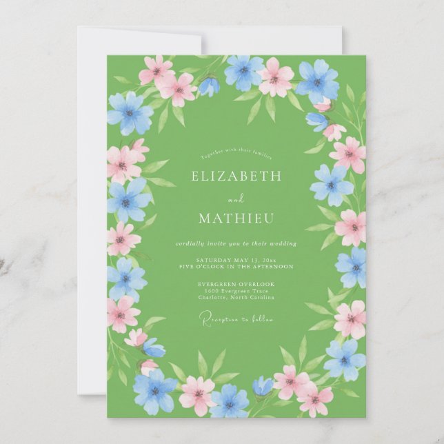 Invitation Mariage pétale de bleuet citron vert (Devant)