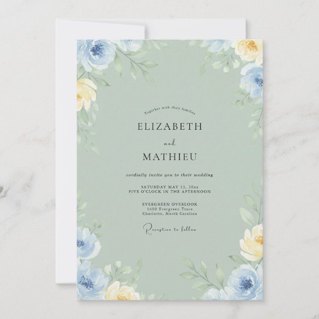 Invitation Mariage Pétale de Bleuet Gris Sage (Devant)