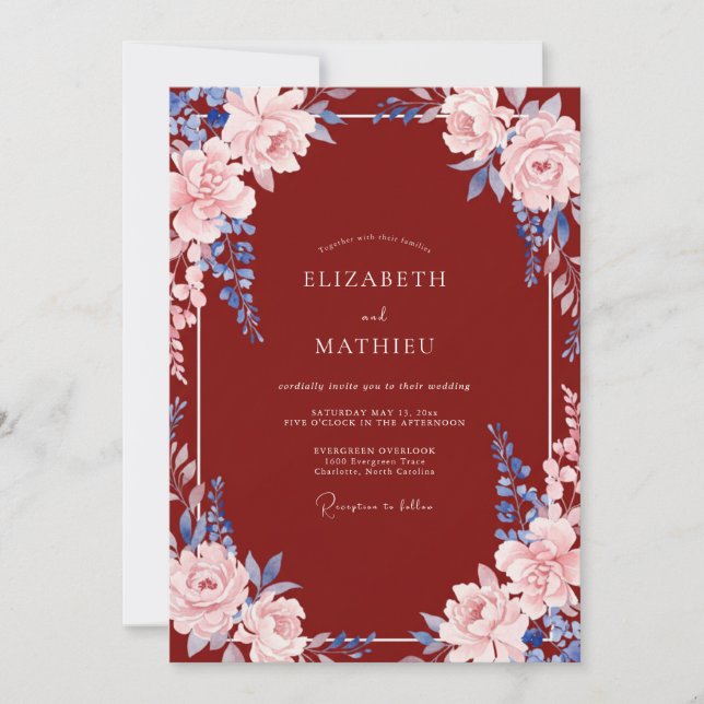 Invitation Mariage Pétale de Bleuet Vin (Devant)