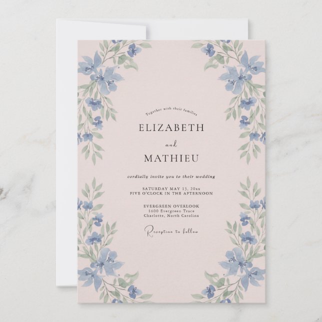 Invitation Mariage Pétale de Blush Doux Bleuet (Devant)
