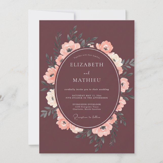 Invitation Mariage pétale de champagne bordeaux (Devant)