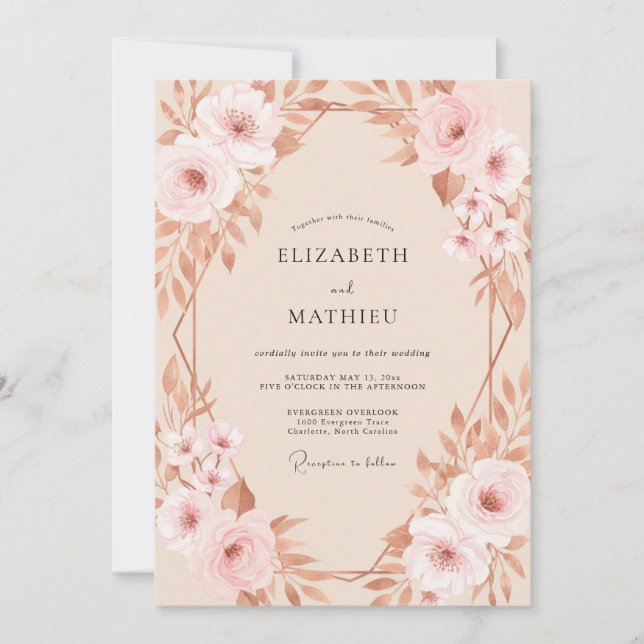 Invitation Mariage pétale de Champagne cuivré (Devant)