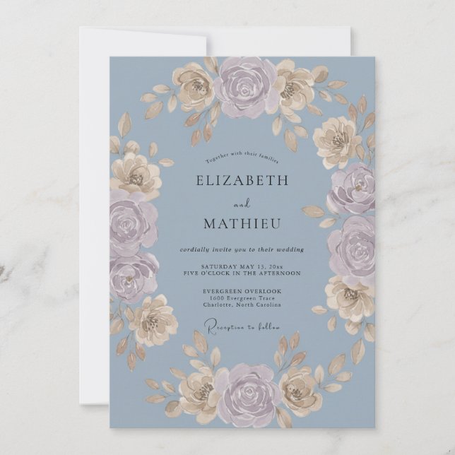Invitation Mariage Pétale de Champagne Douce Pervenche (Devant)