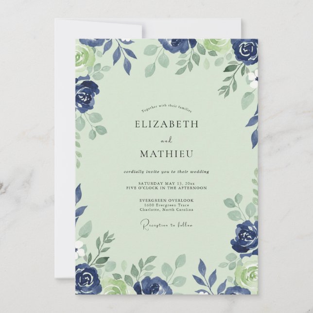 Invitation Mariage Petale de Cobalt Menthe (Devant)