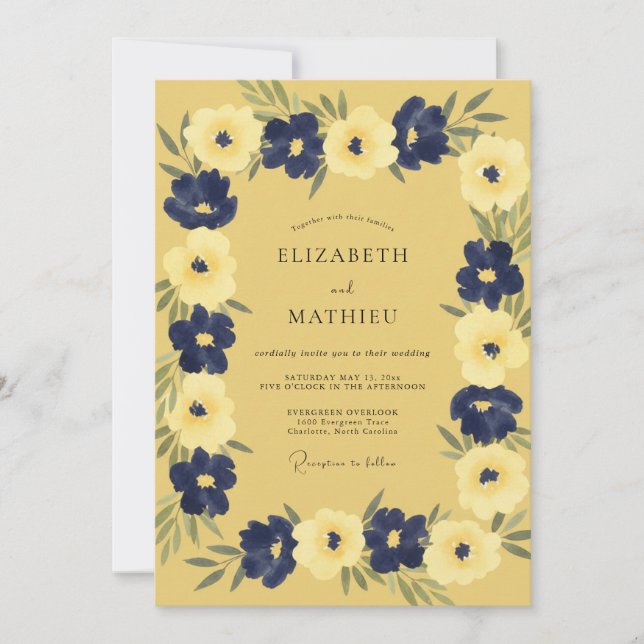 Invitation Mariage Pétale de Cobalt Moutarde (Devant)