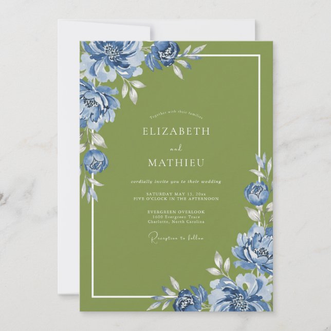 Invitation Mariage Pétale de Cobalt Olive (Devant)