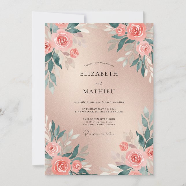 Invitation Mariage pétale de corail Champagne (Devant)