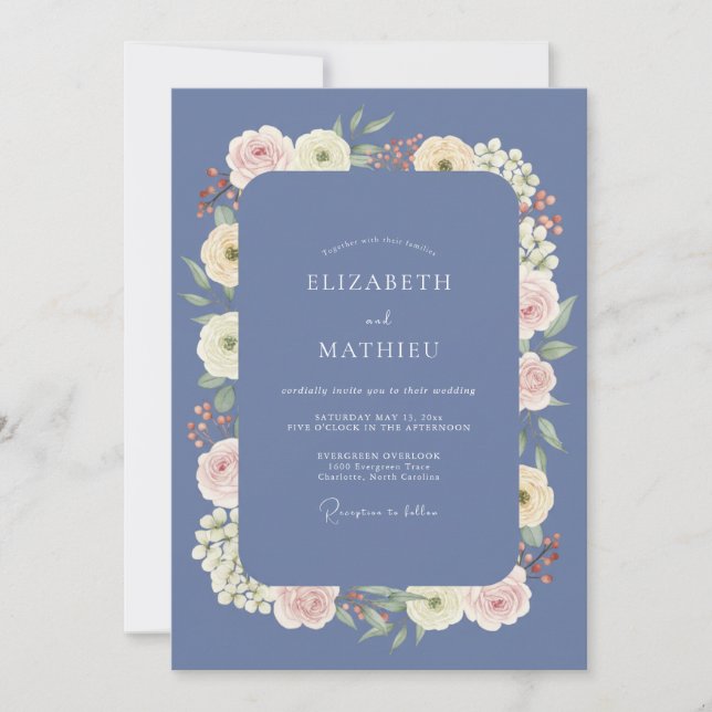 Invitation Mariage Pétale de Crème d'Ivoire Pervenche (Devant)