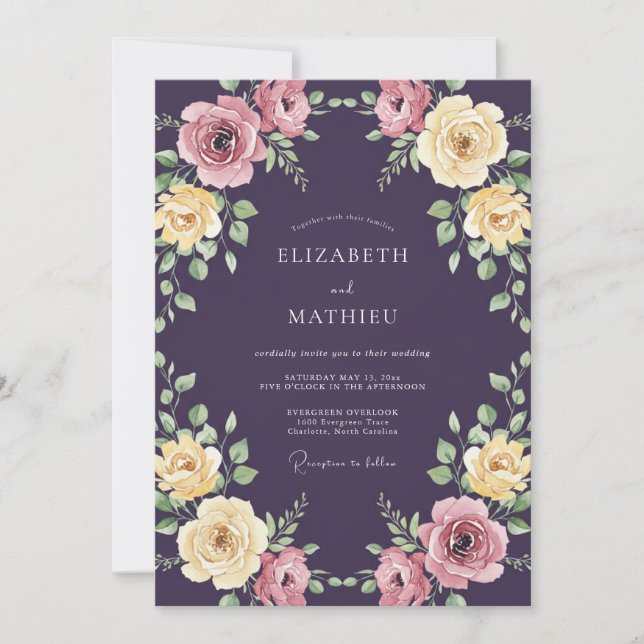 Invitation Mariage Pétale de Crème Ivoire Prune (Devant)
