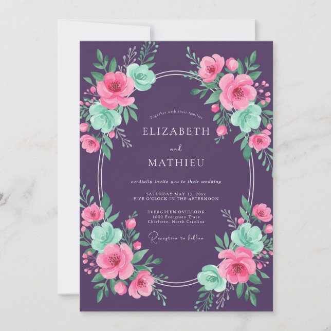 Invitation Mariage Pétale de Menthe Prune (Devant)