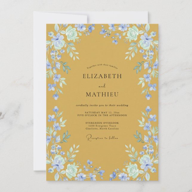 Invitation Mariage pétale de pervenche moutarde (Devant)