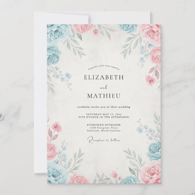Invitation Mariage Pétale de Pervenche Rose Blush (Devant)
