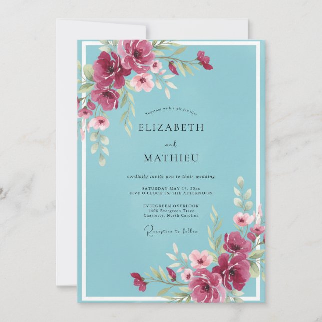 Invitation Mariage pétale de prune aqua (Devant)