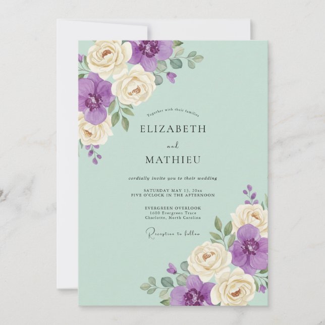 Invitation Mariage Pétale de Violette Menthe (Devant)