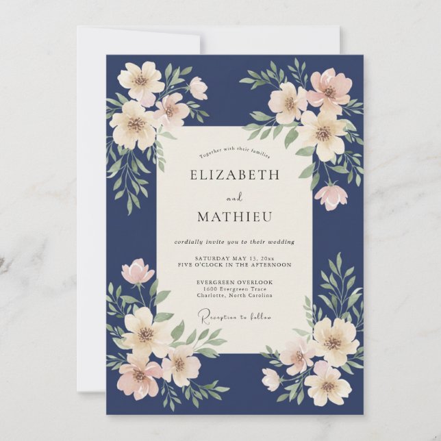 Invitation Mariage pétale d'ivoire de minuit (Devant)