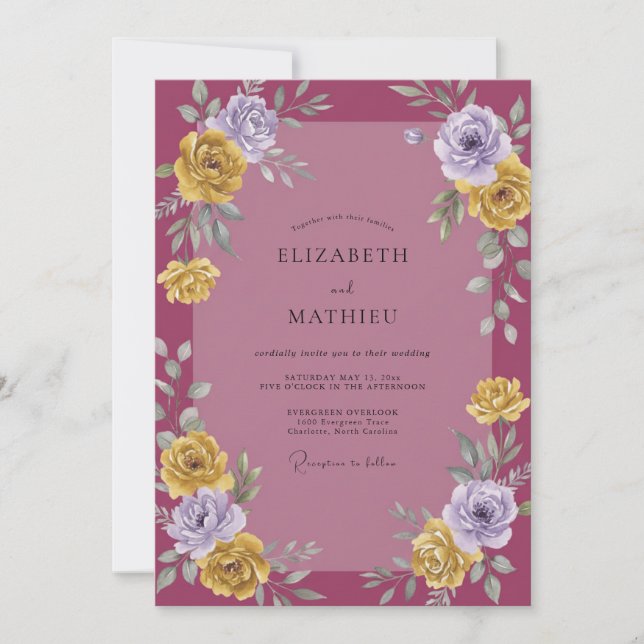 Invitation Mariage Pétale d'Or Mauve (Devant)