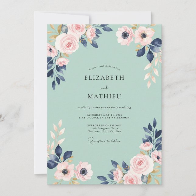 Invitation Mariage Pétale Indigo Menthe (Devant)