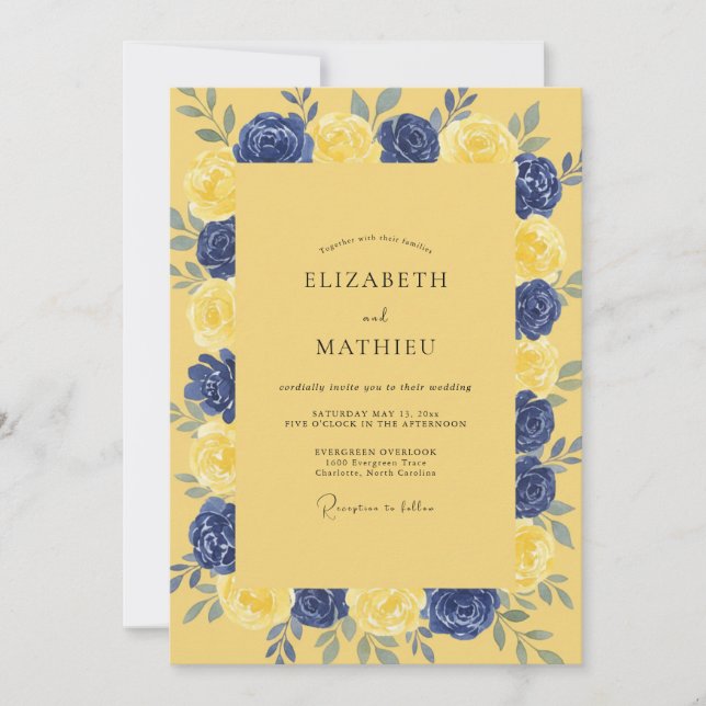 Invitation Mariage pétale indigo moutarde (Devant)