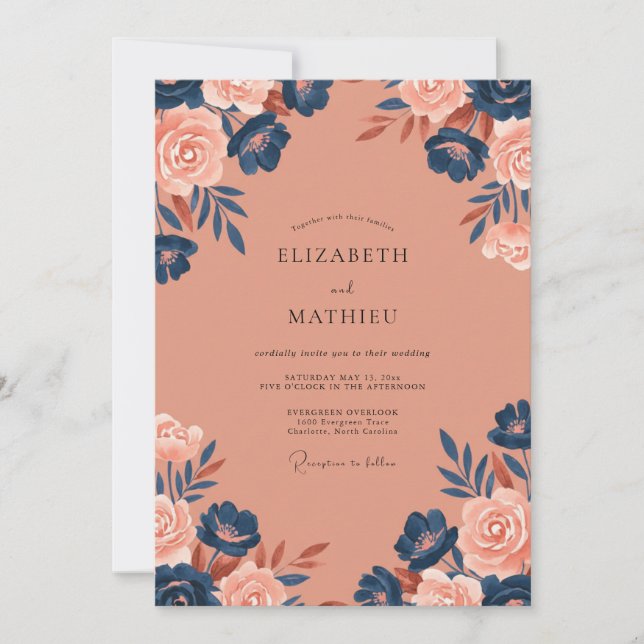 Invitation Mariage Pétale Indigo Saumon (Devant)