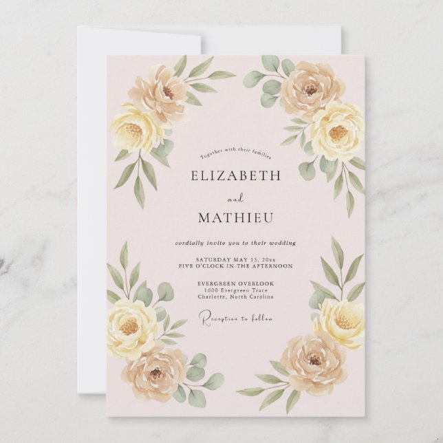 Invitation Mariage pétale jaune Champagne (Devant)