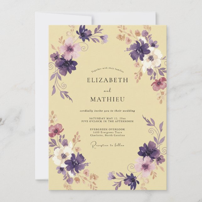 Invitation Mariage Pétale Jaune Pâle Prune (Devant)