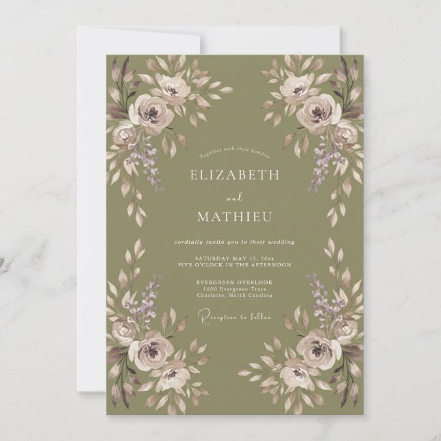 Invitation Mariage Pétale Mauve Olive (Devant)