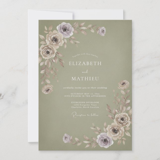 Invitation Mariage Pétale Mauve Poussiéreuse Olive (Devant)