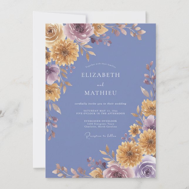 Invitation Mariage Pétale Or Pervenche (Devant)