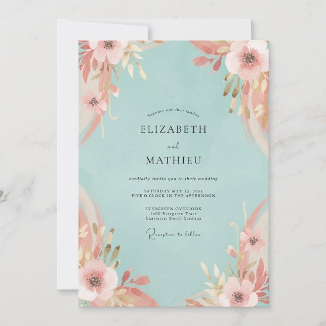 Invitation Mariage pétale rose aqua (Devant)