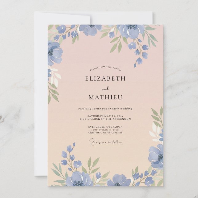 Invitation Mariage Pétale Rose Foncé Pervenche (Devant)