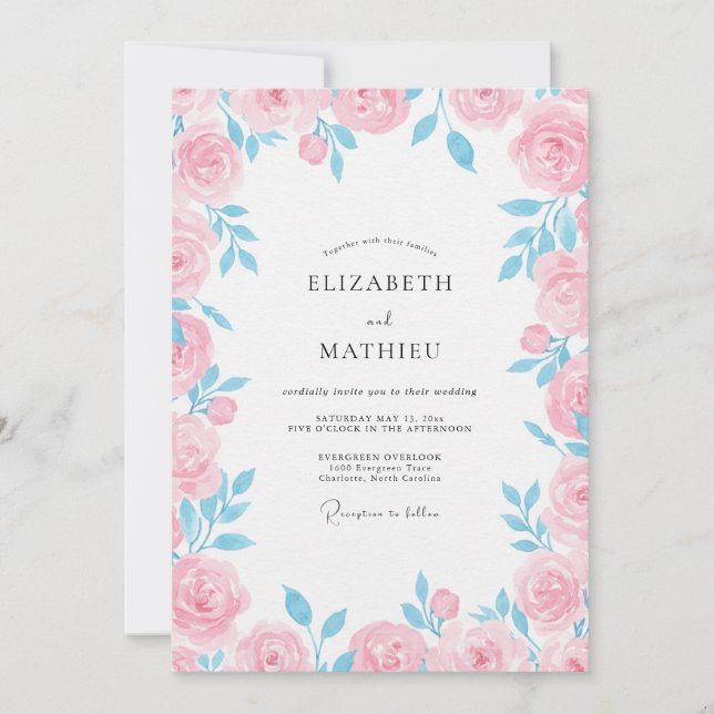Invitation Mariage Pétale Rose Poudré Doux Azur (Devant)