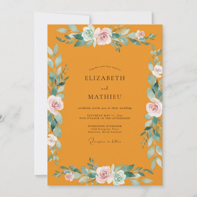 Invitation Mariage Pétale Rose Poussiéreux Moutarde (Devant)