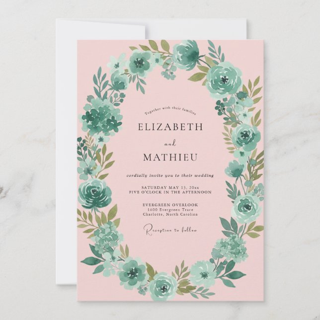 Invitation Mariage pétale rose sarcelle (Devant)