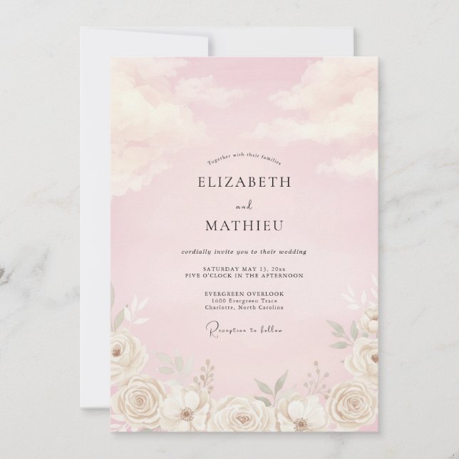 Invitation Mariage pétale rose tendre Champagne (Devant)