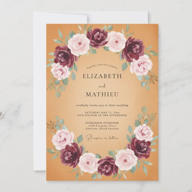 Invitation Mariage pétale rouge moutarde (Devant)