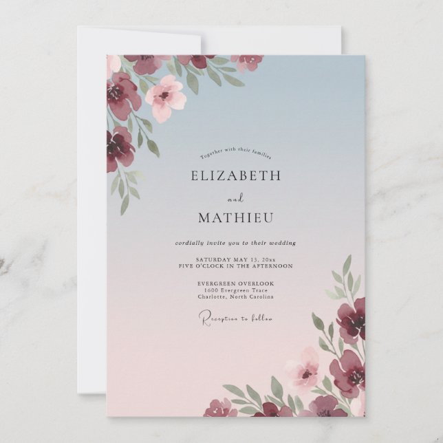 Invitation Mariage Pétale Rouge Vin (Devant)