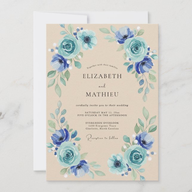 Invitation Mariage Pétale Turquoise Cobalt (Devant)