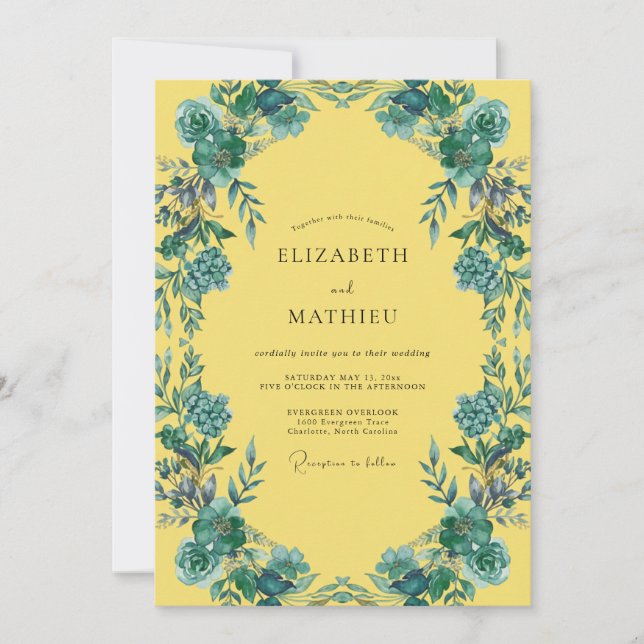 Invitation Mariage pétale turquoise moutarde (Devant)
