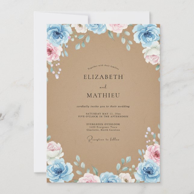 Invitation Mariage Pétales Azur Tan (Devant)