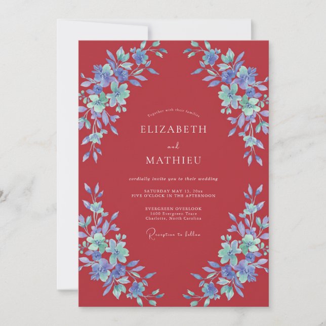 Invitation Mariage Pétales d'Azur Vin (Devant)