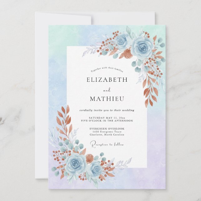 Invitation Mariage Pétales de Cuivre Azur (Devant)