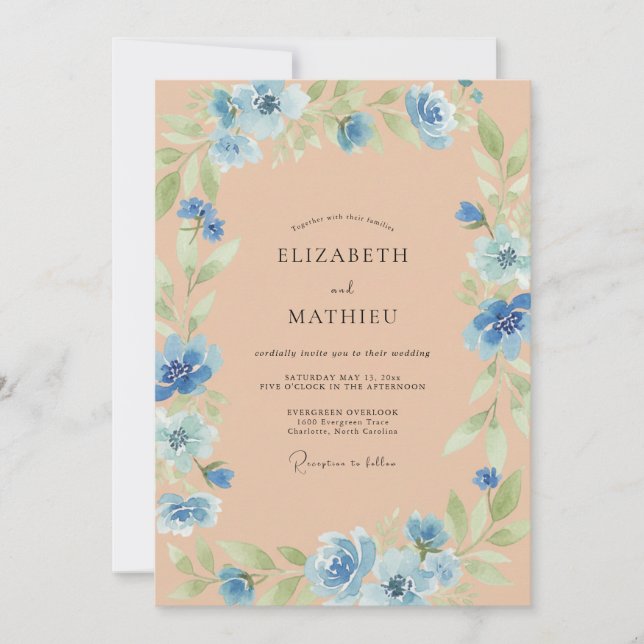 Invitation Mariage Pétales de Pêche Bleuet (Devant)